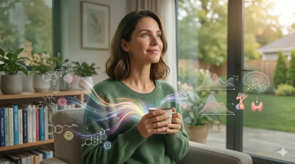 A woman who practices emotional well-being through daily routines and reflection, symbolizing hormonal balance.