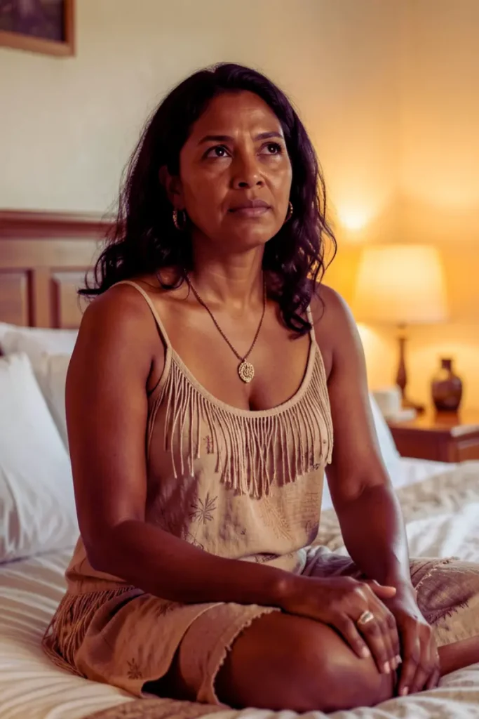 Woman awake at 3 AM due to cortisol spike and progesterone decline.