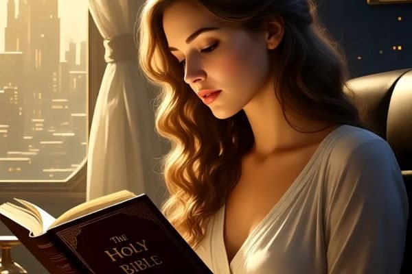 A woman reading the Bible in silence, deep in thought.