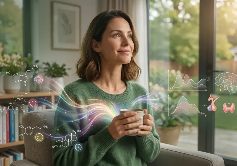 A woman who practices emotional well-being through daily routines and reflection, symbolizing hormonal balance.