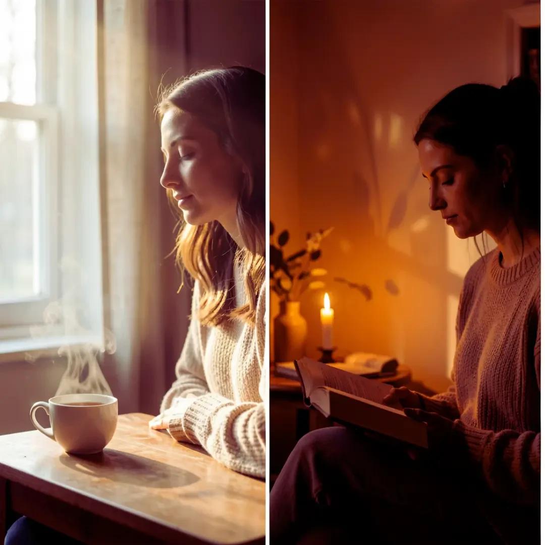 Woman practicing morning sunlight reset and evening wind-down for hormonal balance.